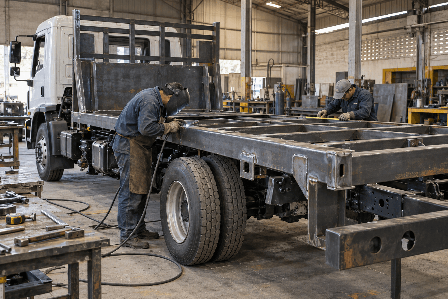 Fabricación de plataforma y estructura sobre chasis de equipo pesado